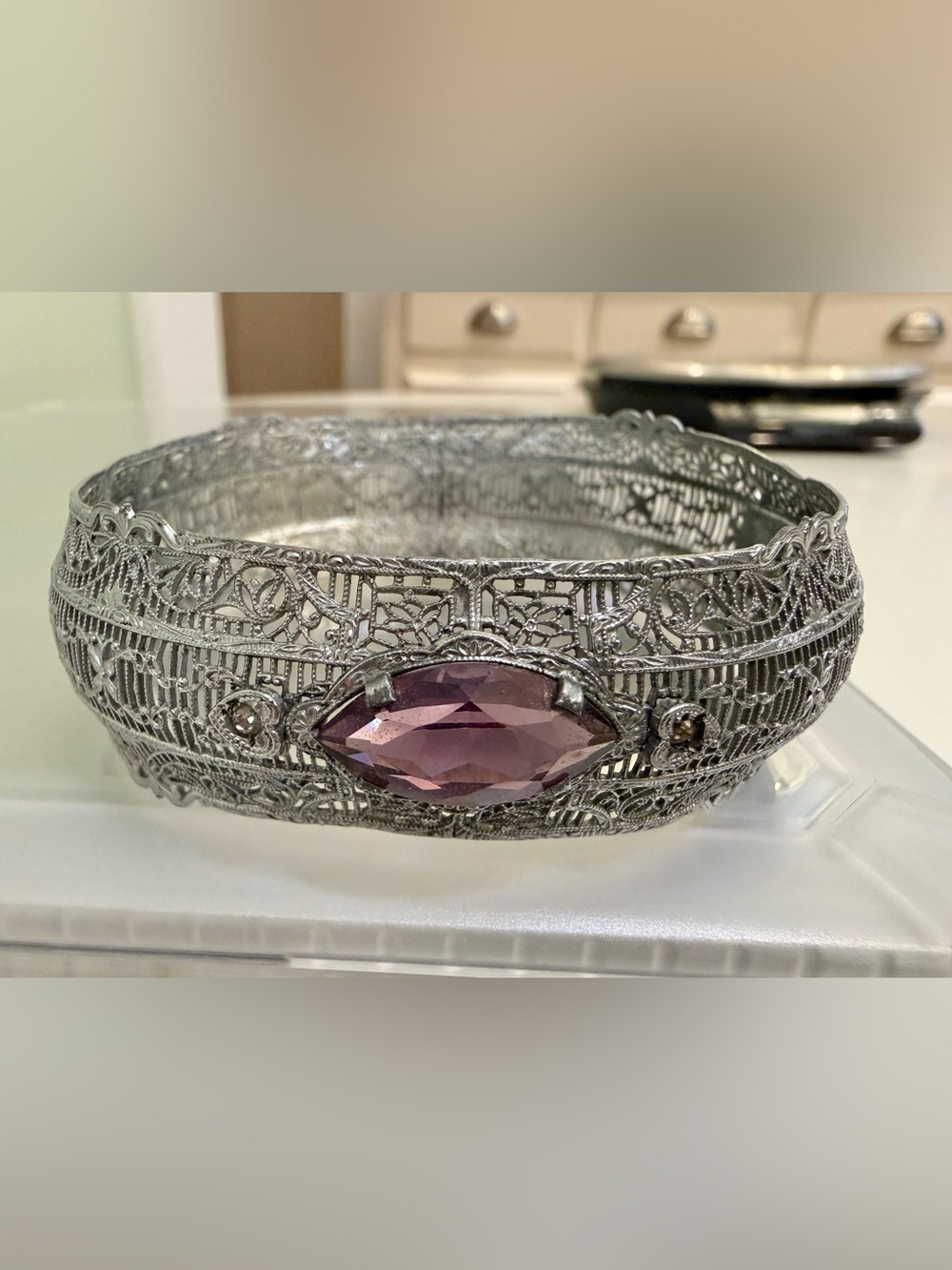 Vintage Art Deco Filigree Bracelet With Amethyst Style Stone